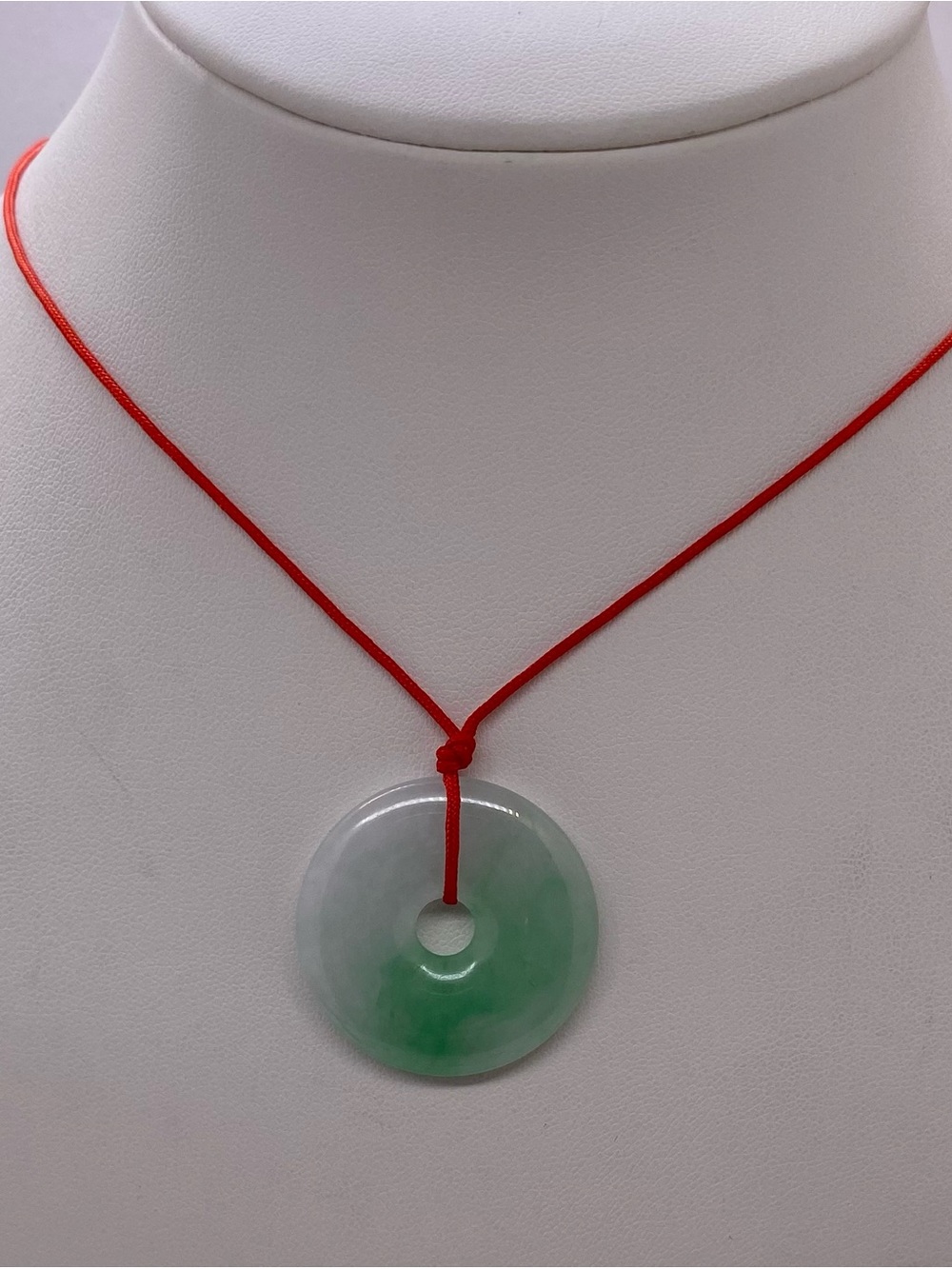 Vintage Green Jade Donut Pendant Necklace with Red Cord